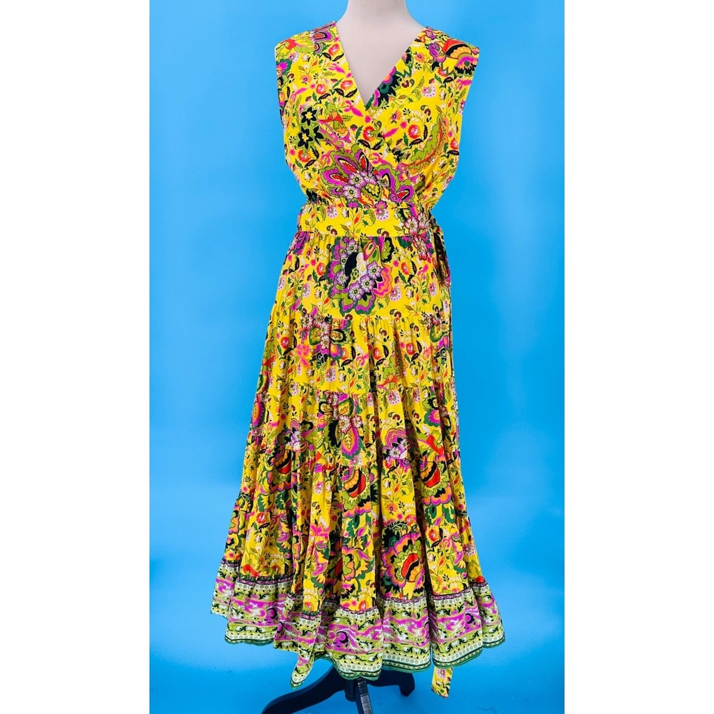 Gibson Latimer Womens XL Yellow Floral Paisley Tiered Wrap Maxi Dress Sleeveless